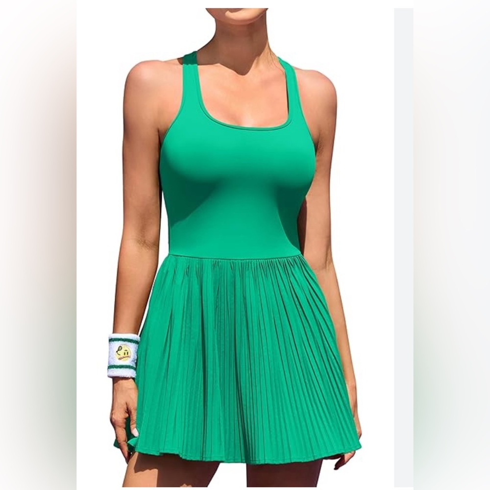 🆕🍋 Scoop-Neck Pleated Tennis Golf Workout Errands Dress Green New XL summer fun